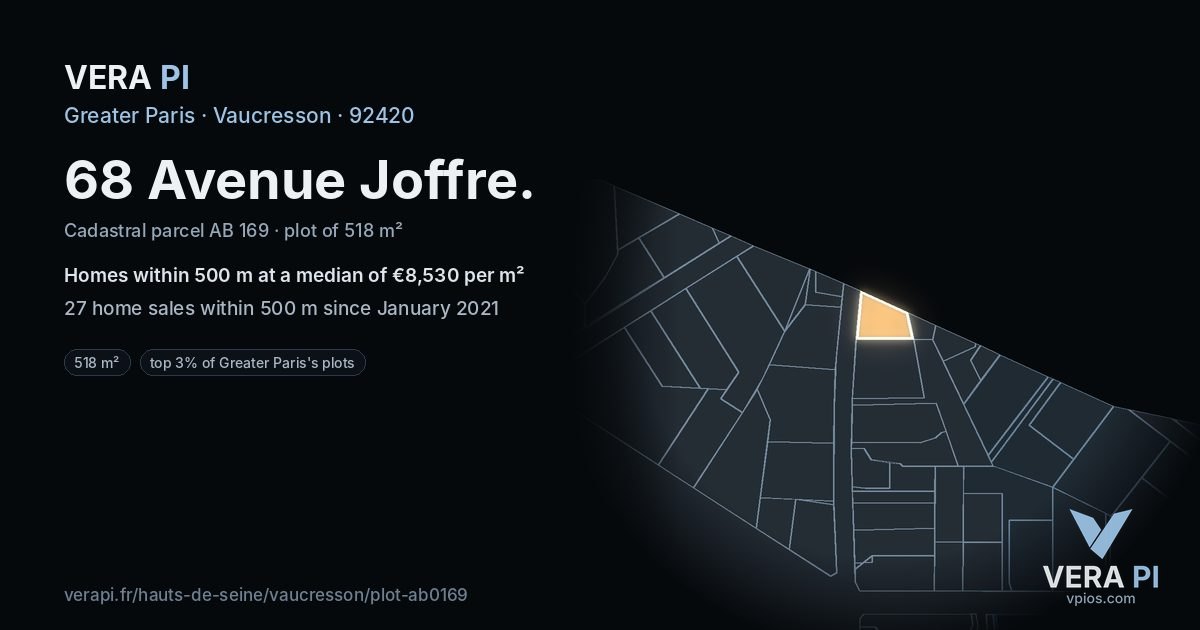 68 Avenue Joffre, Vaucresson at night – the plot lit, the parcels around coloured by the prices near them