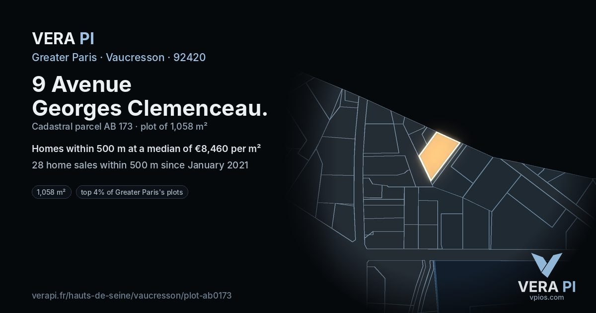 9 Avenue Georges Clemenceau, Vaucresson at night – the plot lit, the parcels around coloured by the prices near them