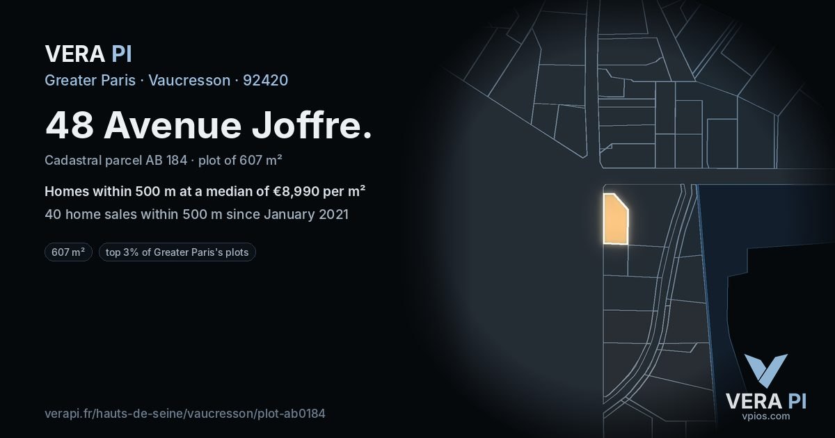 48 Avenue Joffre, Vaucresson at night – the plot lit, the parcels around coloured by the prices near them