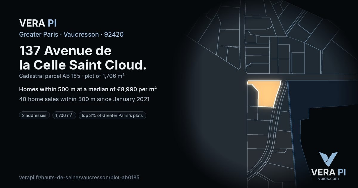 137 Avenue de la Celle Saint Cloud, Vaucresson at night – the plot lit, the parcels around coloured by the prices near them