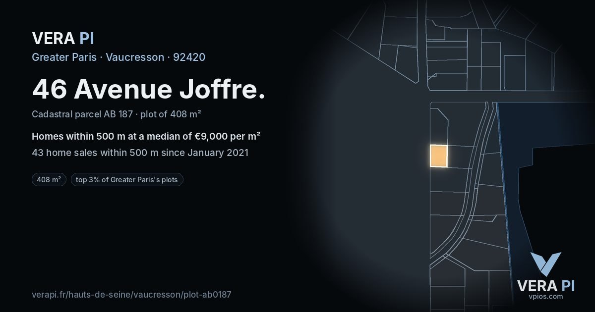 46 Avenue Joffre, Vaucresson at night – the plot lit, the parcels around coloured by the prices near them
