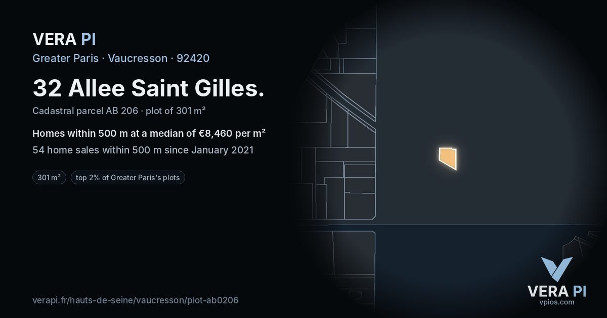 32 Allee Saint Gilles, Vaucresson at night – the plot lit, the parcels around coloured by the prices near them