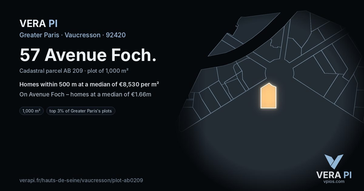 57 Avenue Foch, Vaucresson at night – the plot lit, the parcels around coloured by the prices near them