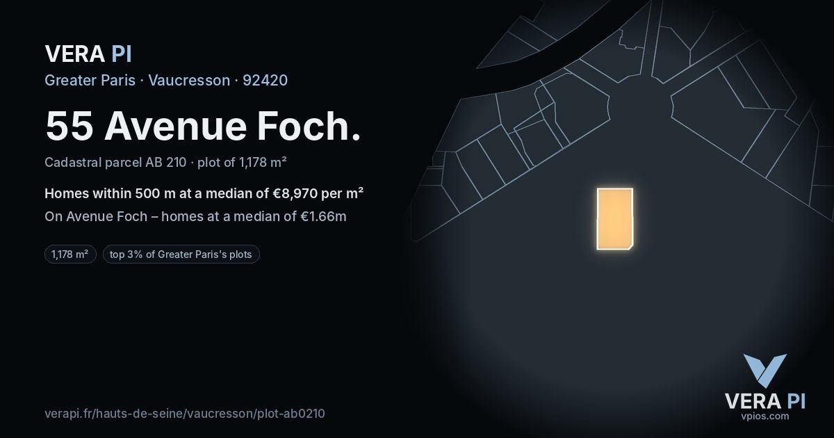 55 Avenue Foch, Vaucresson at night – the plot lit, the parcels around coloured by the prices near them