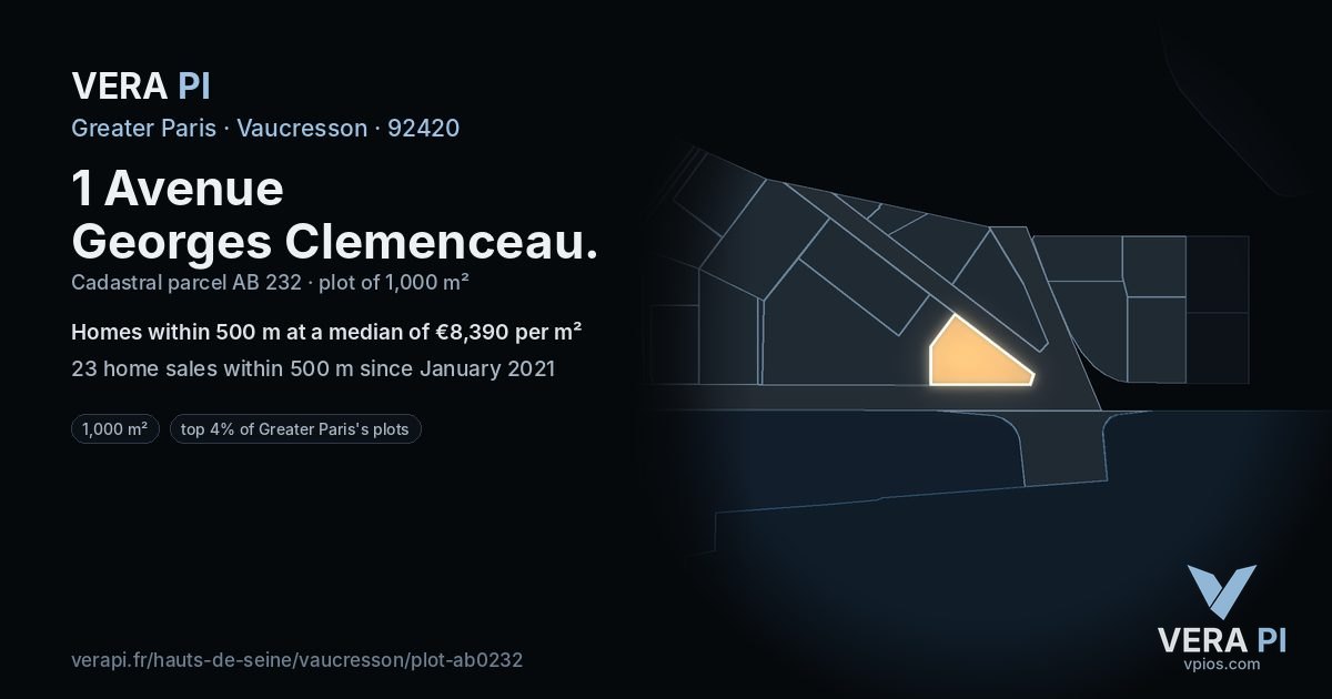 1 Avenue Georges Clemenceau, Vaucresson at night – the plot lit, the parcels around coloured by the prices near them