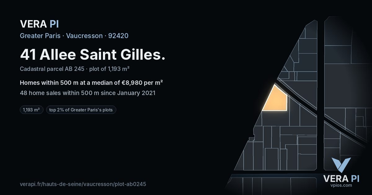 41 Allee Saint Gilles, Vaucresson at night – the plot lit, the parcels around coloured by the prices near them