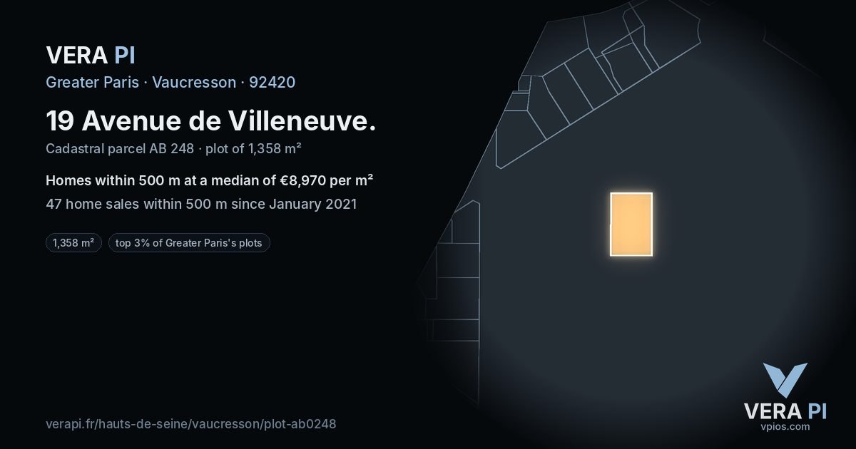 19 Avenue de Villeneuve, Vaucresson at night – the plot lit, the parcels around coloured by the prices near them