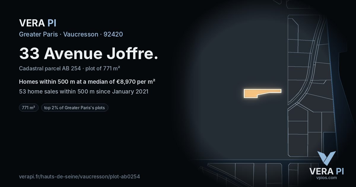 33 Avenue Joffre, Vaucresson at night – the plot lit, the parcels around coloured by the prices near them