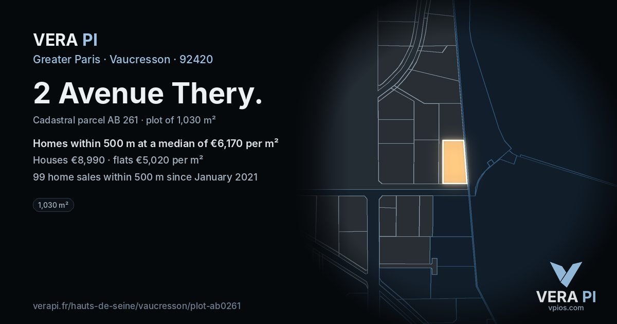 2 Avenue Thery, Vaucresson at night – the plot lit, the parcels around coloured by the prices near them