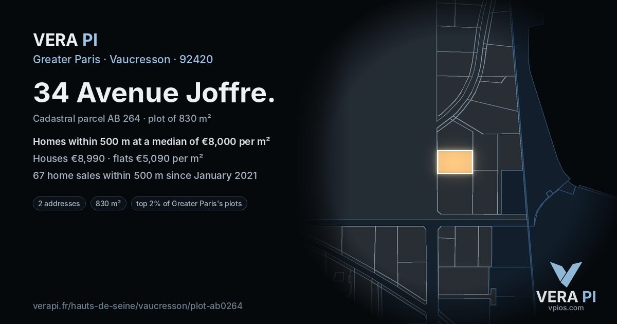 34 Avenue Joffre, Vaucresson at night – the plot lit, the parcels around coloured by the prices near them