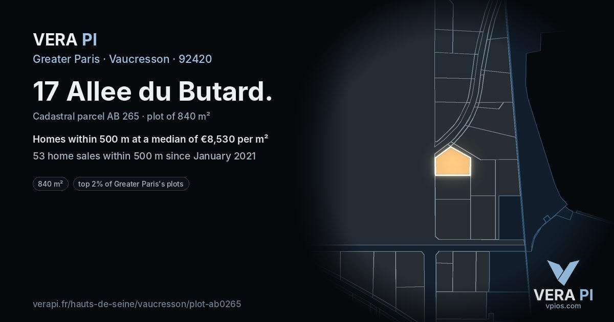 17 Allee du Butard, Vaucresson at night – the plot lit, the parcels around coloured by the prices near them