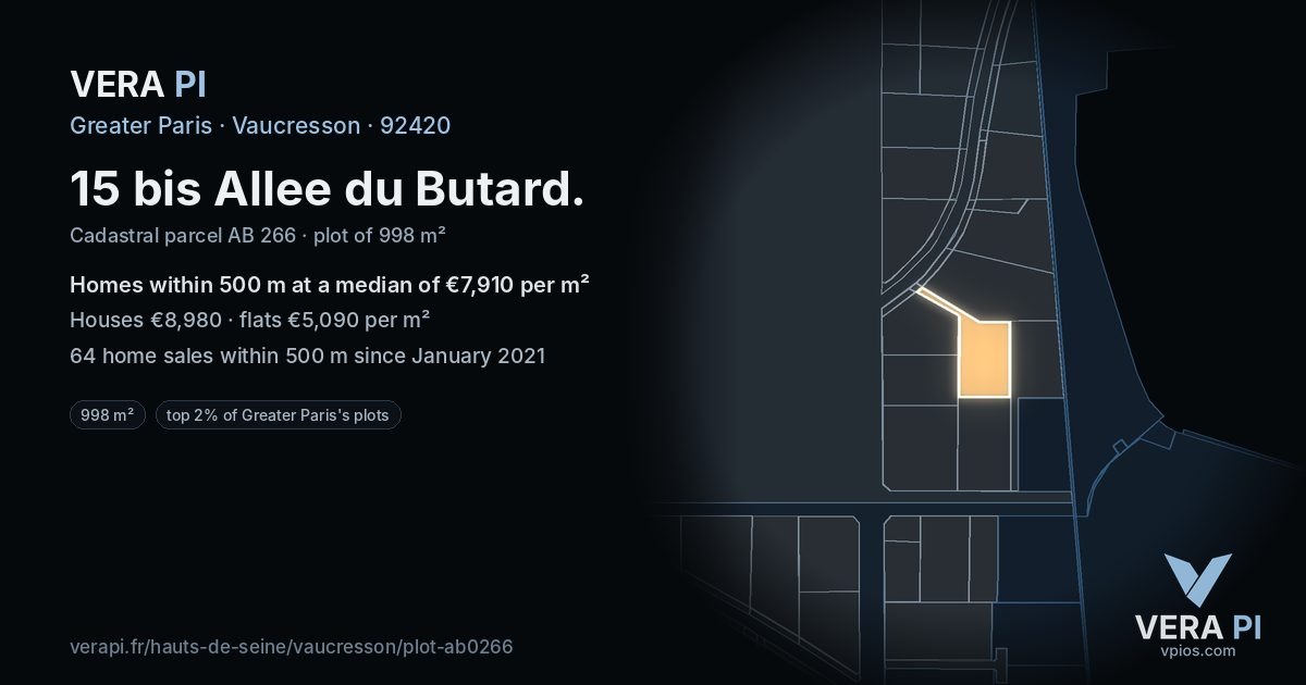 15 bis Allee du Butard, Vaucresson at night – the plot lit, the parcels around coloured by the prices near them