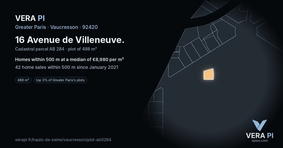 16 Avenue de Villeneuve, Vaucresson at night – the plot lit, the parcels around coloured by the prices near them