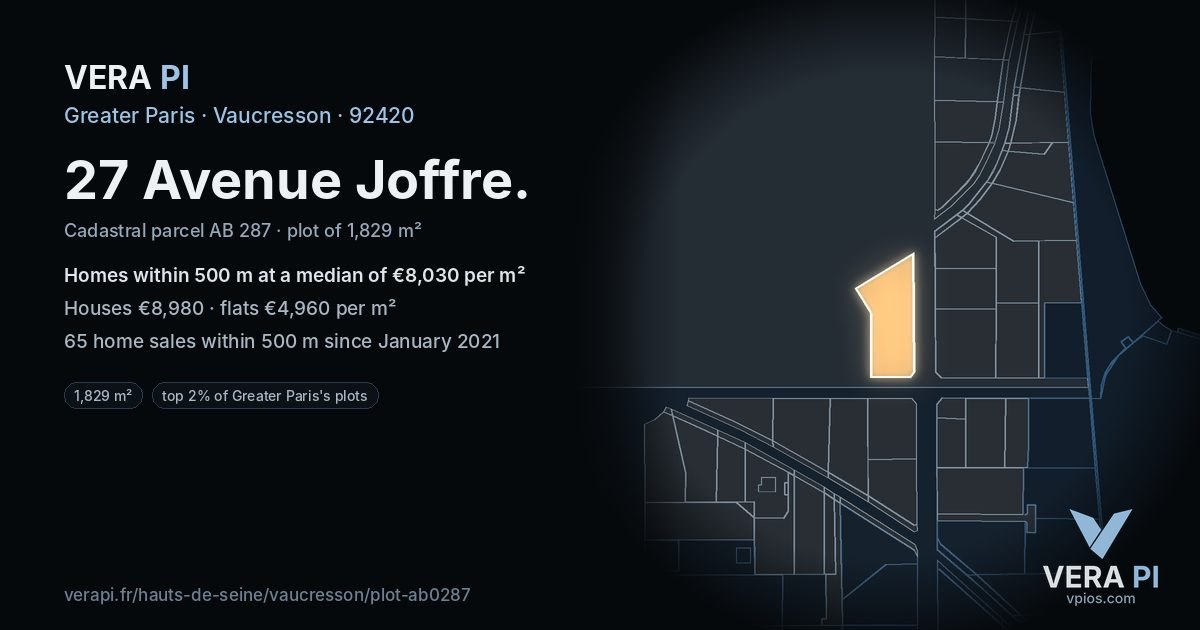 27 Avenue Joffre, Vaucresson at night – the plot lit, the parcels around coloured by the prices near them