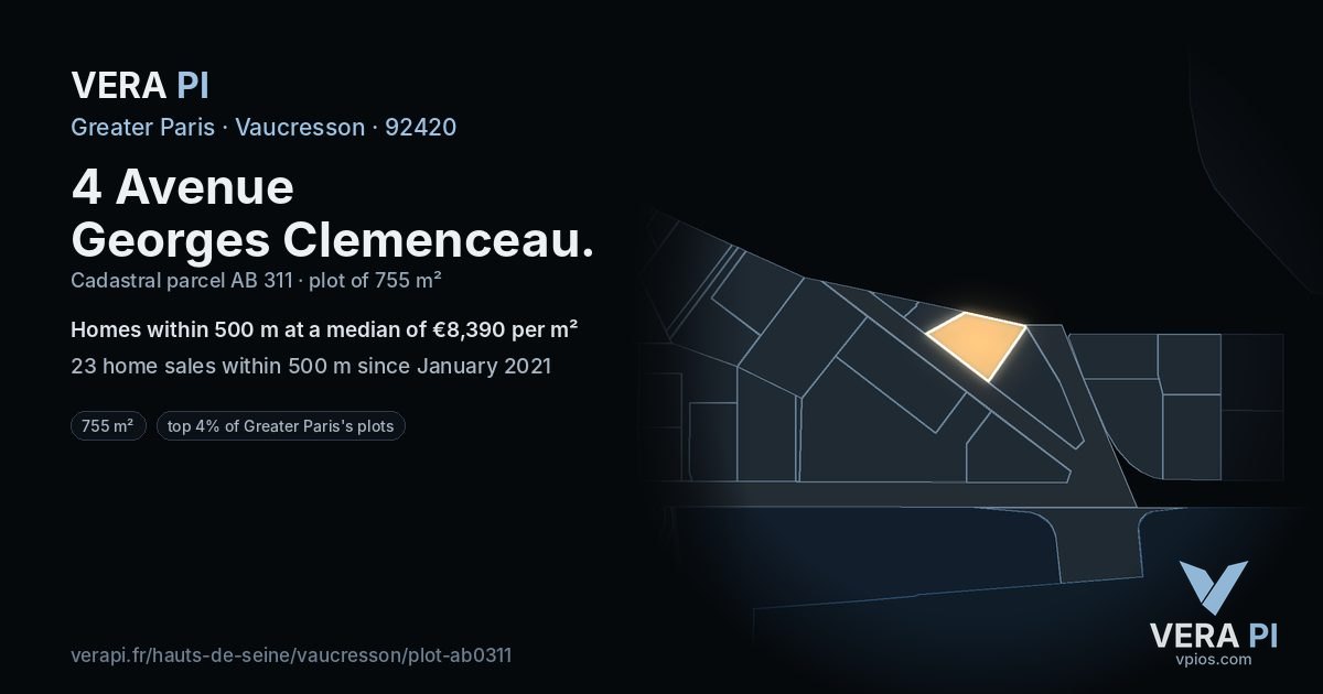 4 Avenue Georges Clemenceau, Vaucresson at night – the plot lit, the parcels around coloured by the prices near them