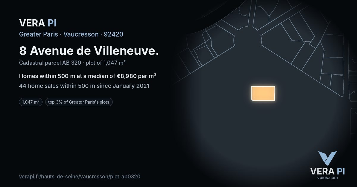 8 Avenue de Villeneuve, Vaucresson at night – the plot lit, the parcels around coloured by the prices near them
