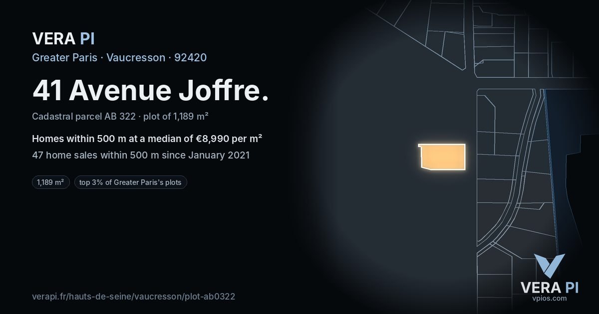 41 Avenue Joffre, Vaucresson at night – the plot lit, the parcels around coloured by the prices near them