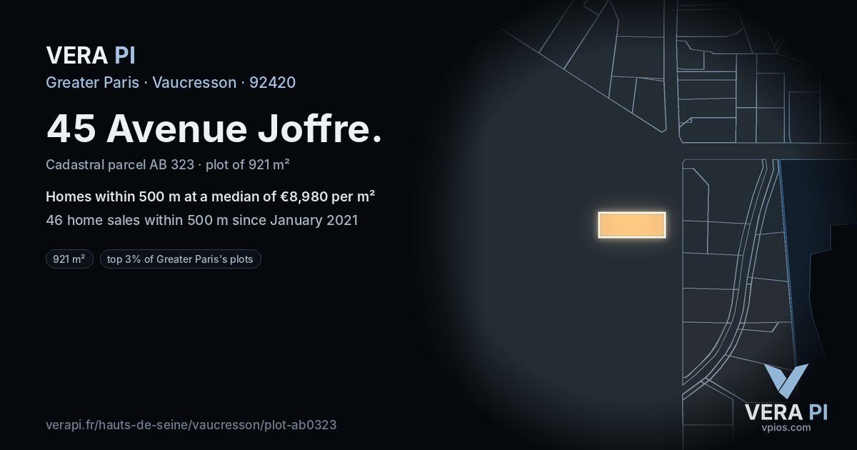 45 Avenue Joffre, Vaucresson at night – the plot lit, the parcels around coloured by the prices near them