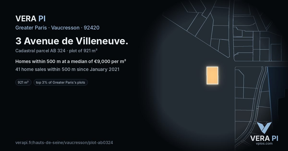 3 Avenue de Villeneuve, Vaucresson at night – the plot lit, the parcels around coloured by the prices near them