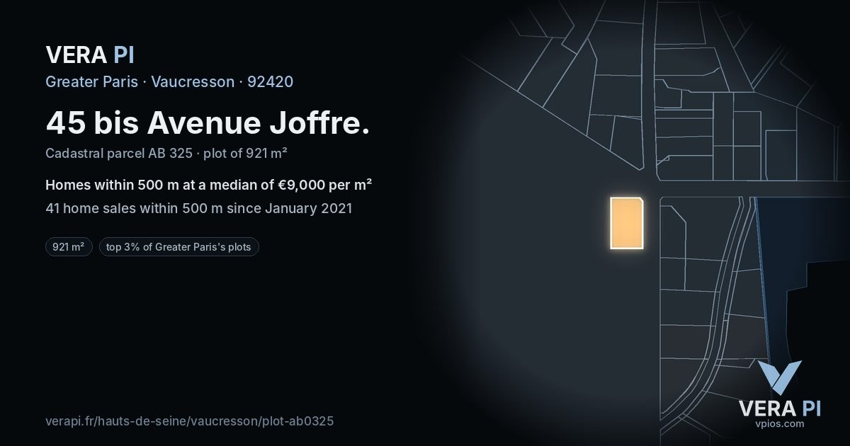 45 bis Avenue Joffre, Vaucresson at night – the plot lit, the parcels around coloured by the prices near them