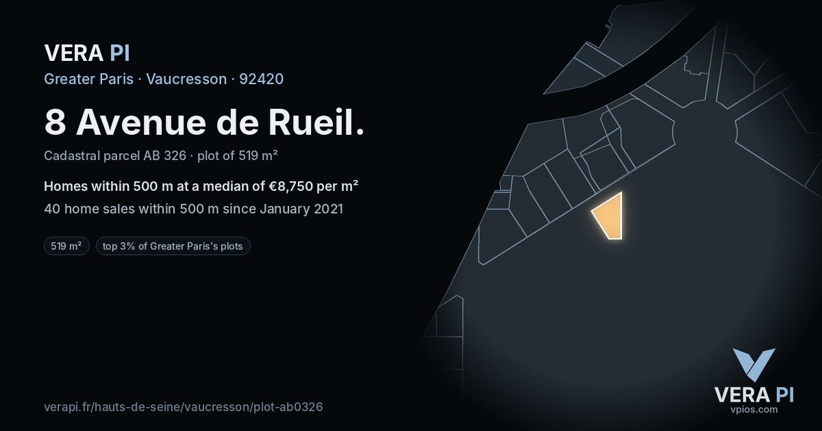 8 Avenue de Rueil, Vaucresson at night – the plot lit, the parcels around coloured by the prices near them