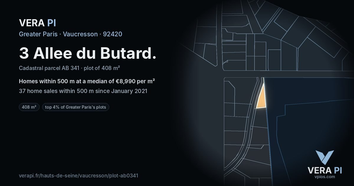 3 Allee du Butard, Vaucresson at night – the plot lit, the parcels around coloured by the prices near them