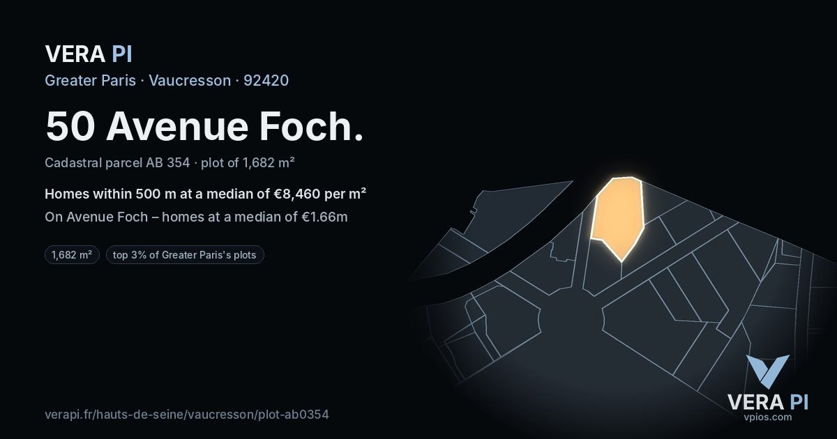 50 Avenue Foch, Vaucresson at night – the plot lit, the parcels around coloured by the prices near them