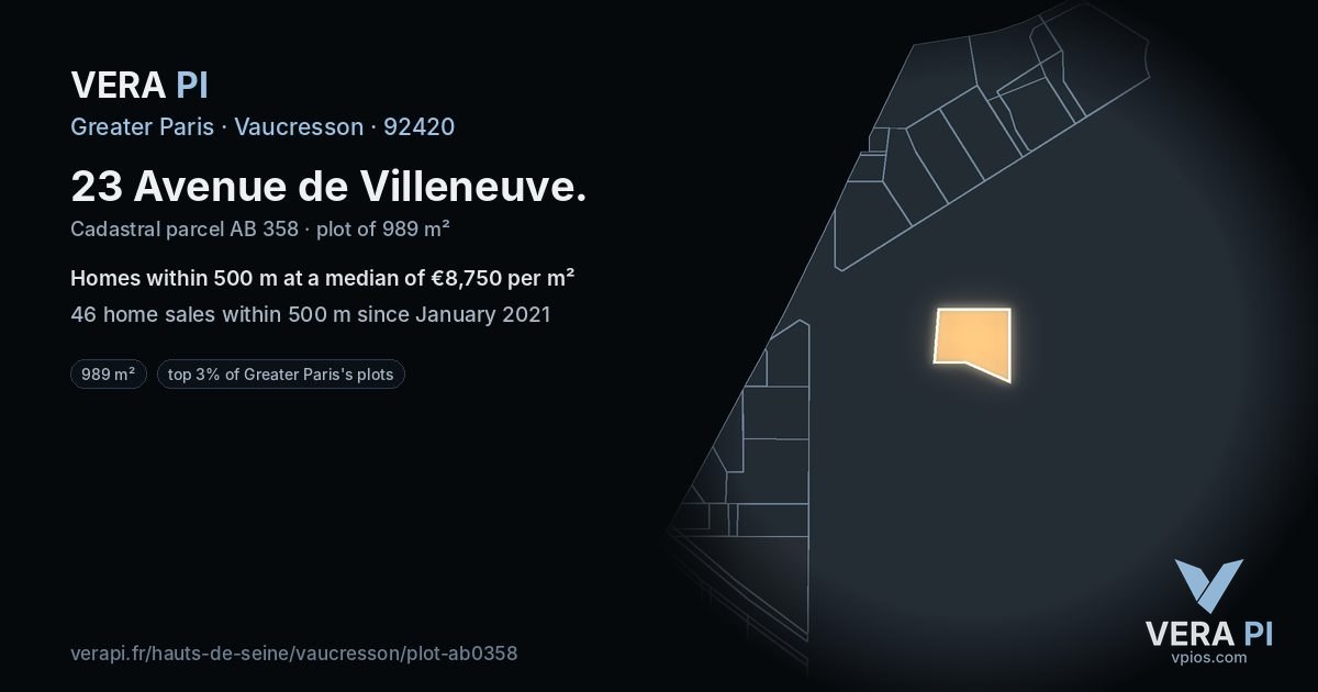 23 Avenue de Villeneuve, Vaucresson at night – the plot lit, the parcels around coloured by the prices near them