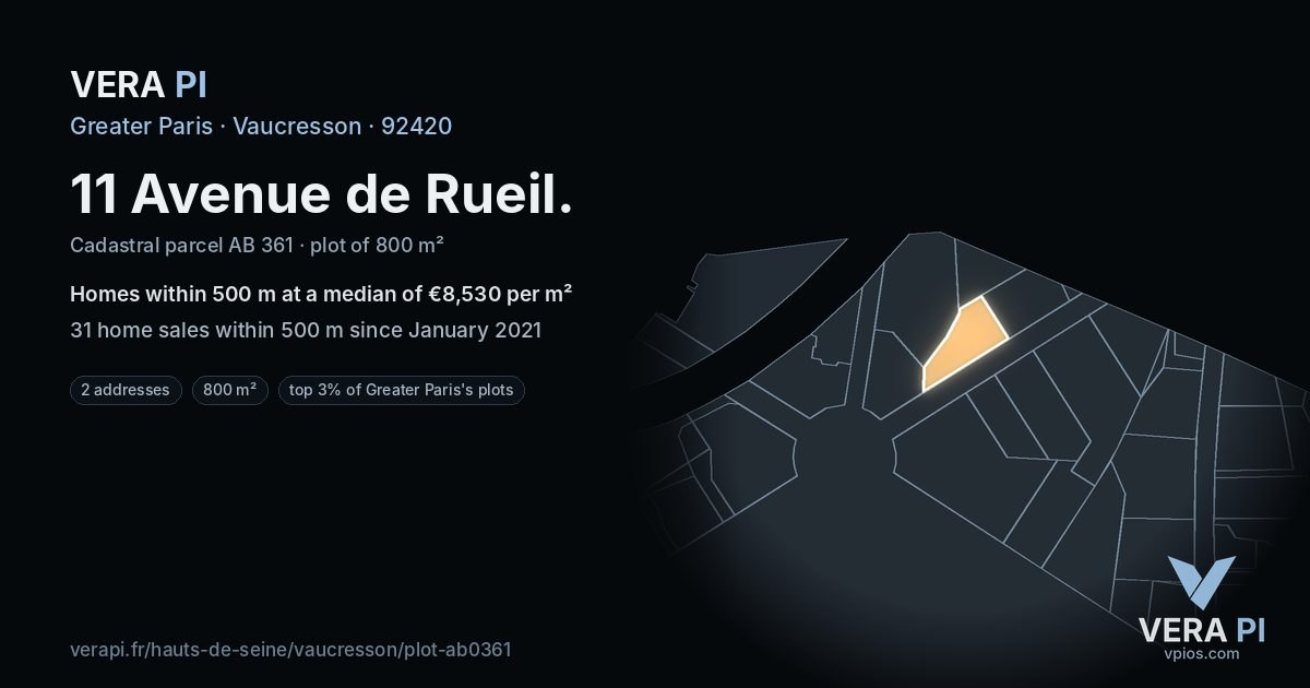 11 Avenue de Rueil, Vaucresson at night – the plot lit, the parcels around coloured by the prices near them