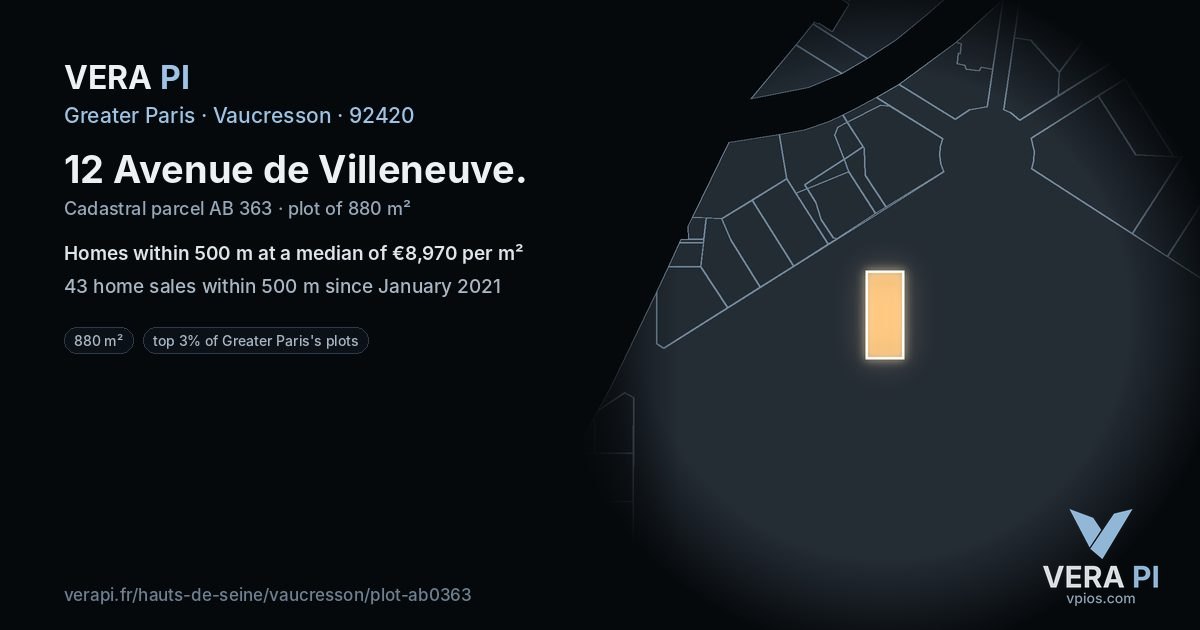 12 Avenue de Villeneuve, Vaucresson at night – the plot lit, the parcels around coloured by the prices near them