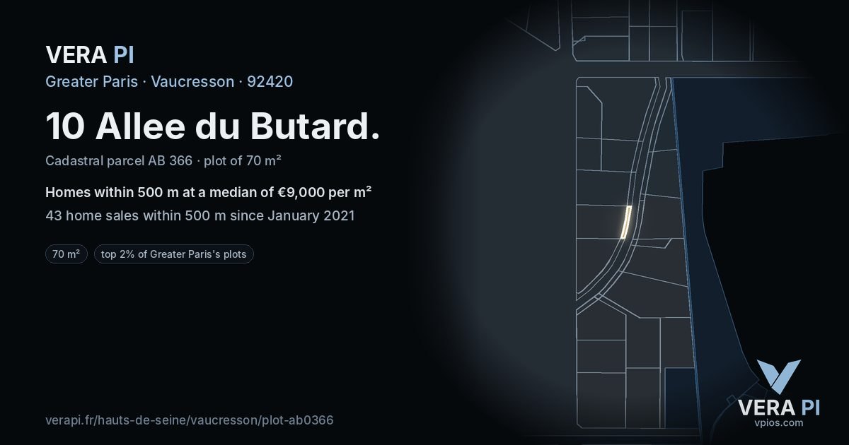 10 Allee du Butard, Vaucresson at night – the plot lit, the parcels around coloured by the prices near them