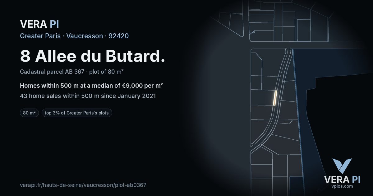 8 Allee du Butard, Vaucresson at night – the plot lit, the parcels around coloured by the prices near them