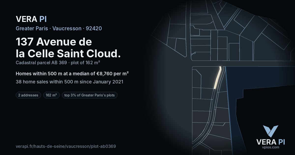 137 Avenue de la Celle Saint Cloud, Vaucresson at night – the plot lit, the parcels around coloured by the prices near them