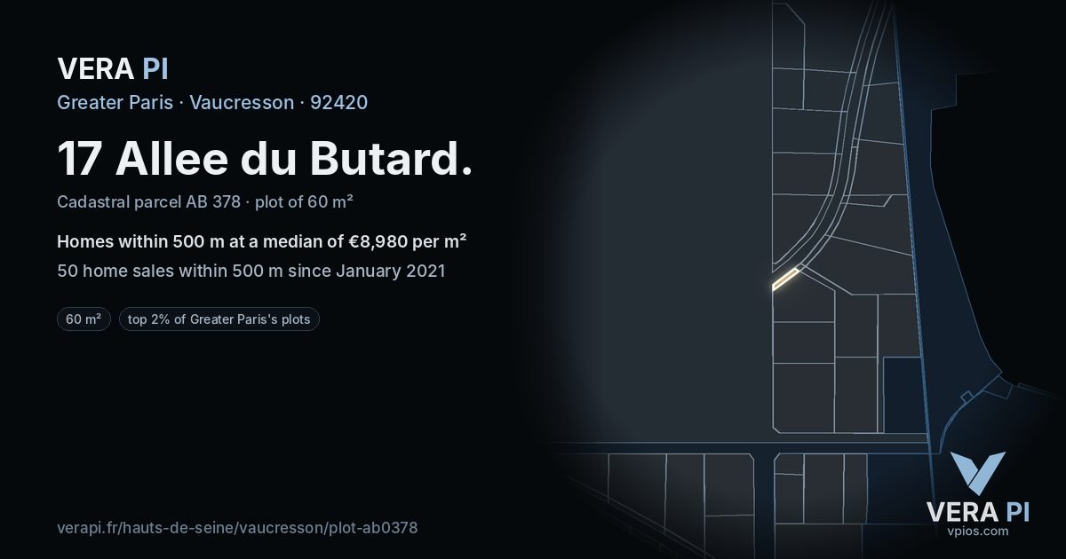 17 Allee du Butard, Vaucresson at night – the plot lit, the parcels around coloured by the prices near them