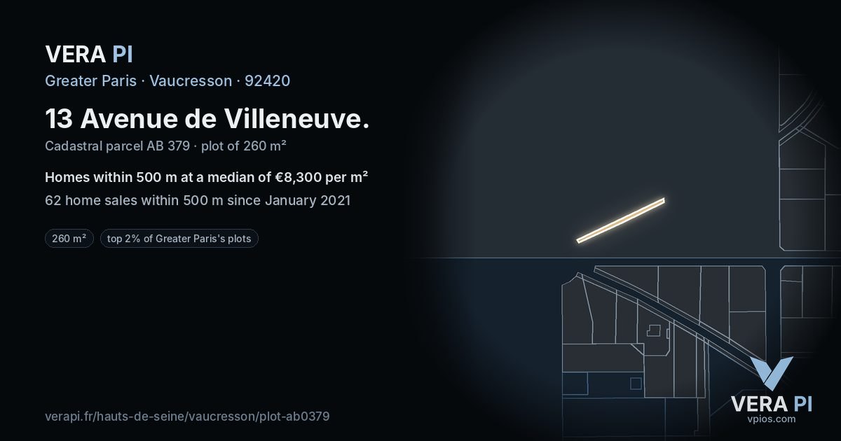 13 Avenue de Villeneuve, Vaucresson at night – the plot lit, the parcels around coloured by the prices near them