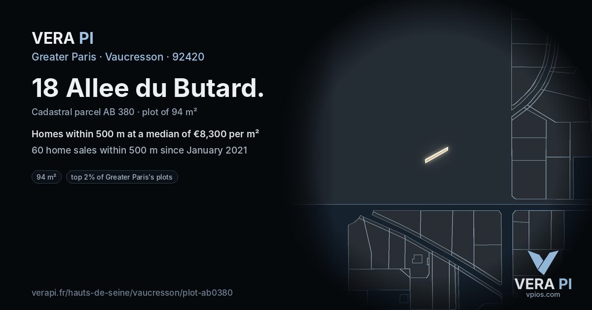 18 Allee du Butard, Vaucresson at night – the plot lit, the parcels around coloured by the prices near them