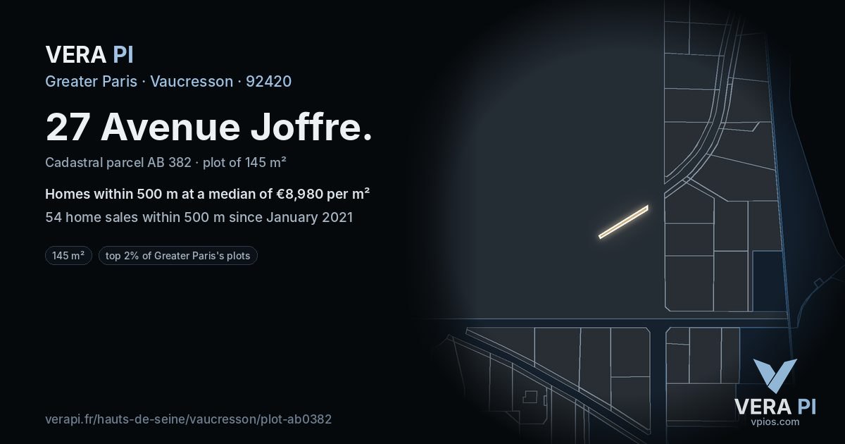 27 Avenue Joffre, Vaucresson at night – the plot lit, the parcels around coloured by the prices near them