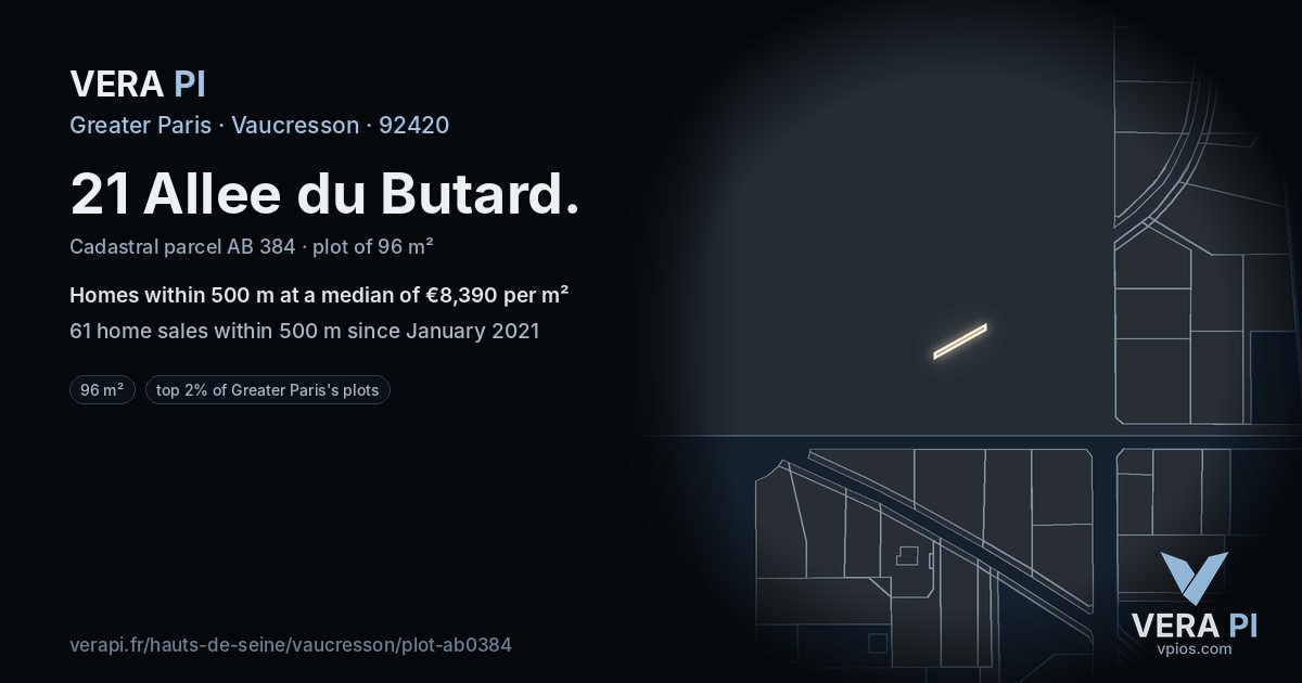 21 Allee du Butard, Vaucresson at night – the plot lit, the parcels around coloured by the prices near them