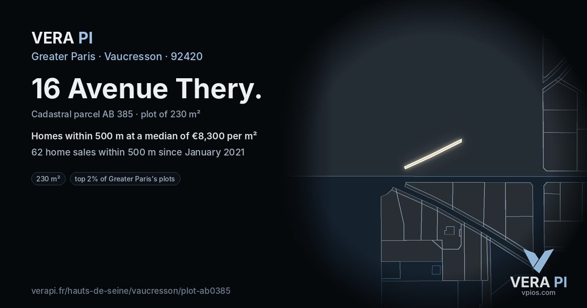 16 Avenue Thery, Vaucresson at night – the plot lit, the parcels around coloured by the prices near them