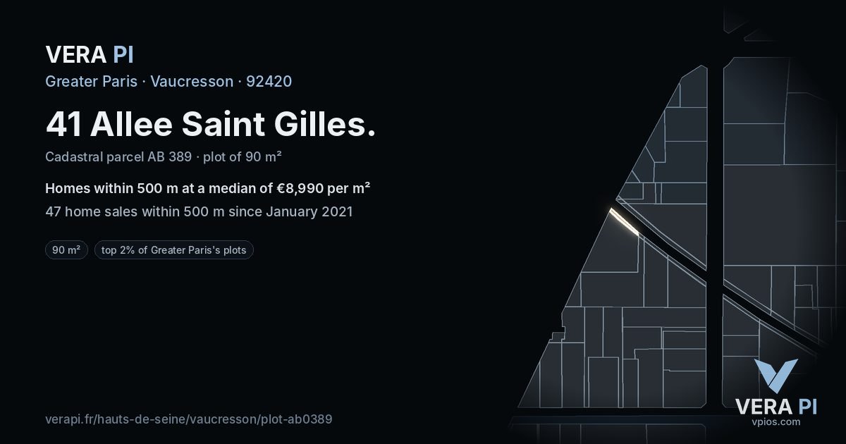 41 Allee Saint Gilles, Vaucresson at night – the plot lit, the parcels around coloured by the prices near them