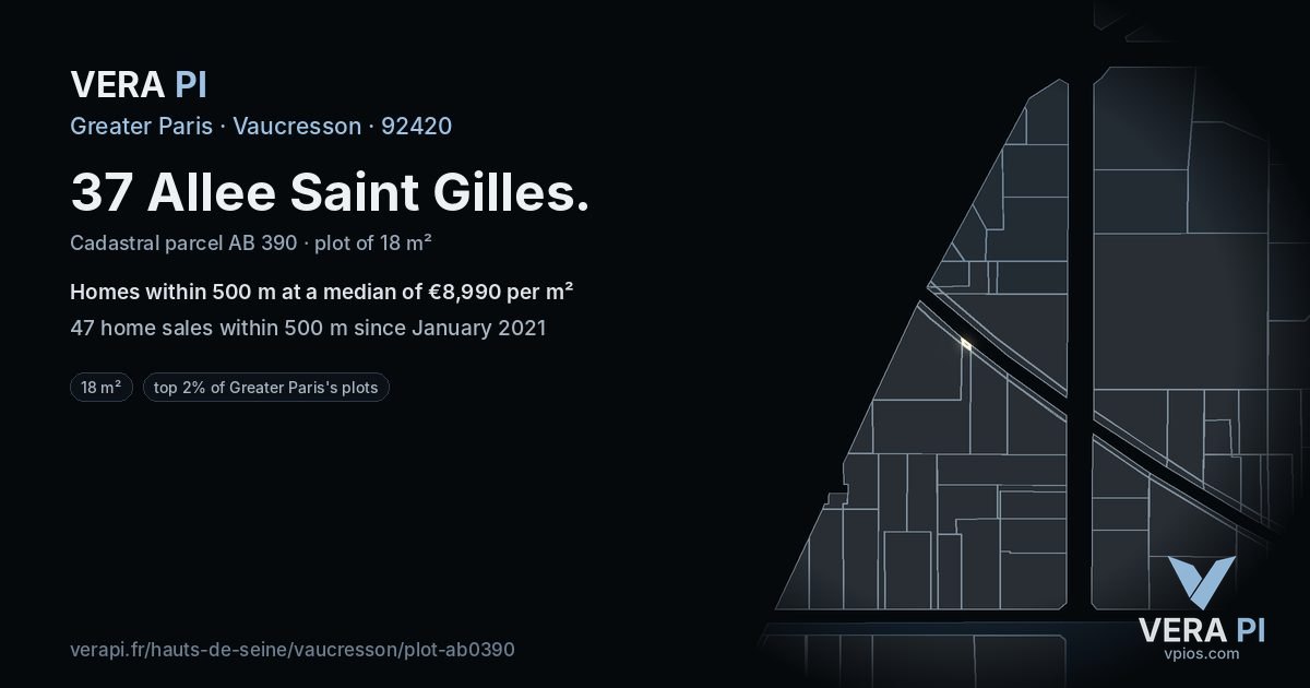 37 Allee Saint Gilles, Vaucresson at night – the plot lit, the parcels around coloured by the prices near them