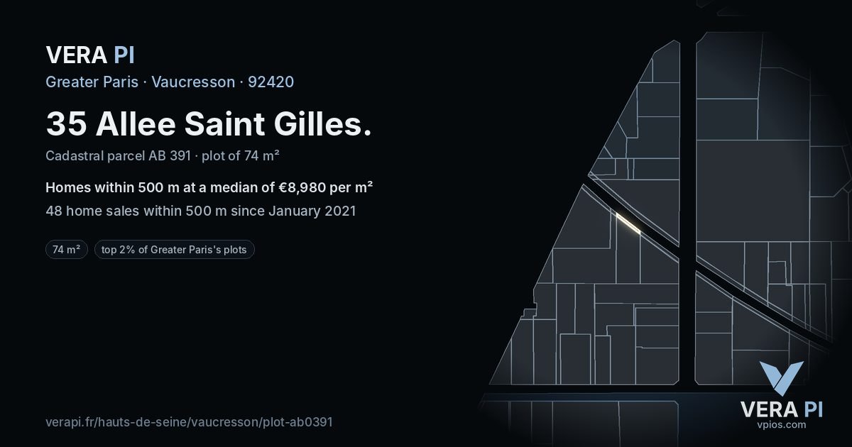 35 Allee Saint Gilles, Vaucresson at night – the plot lit, the parcels around coloured by the prices near them
