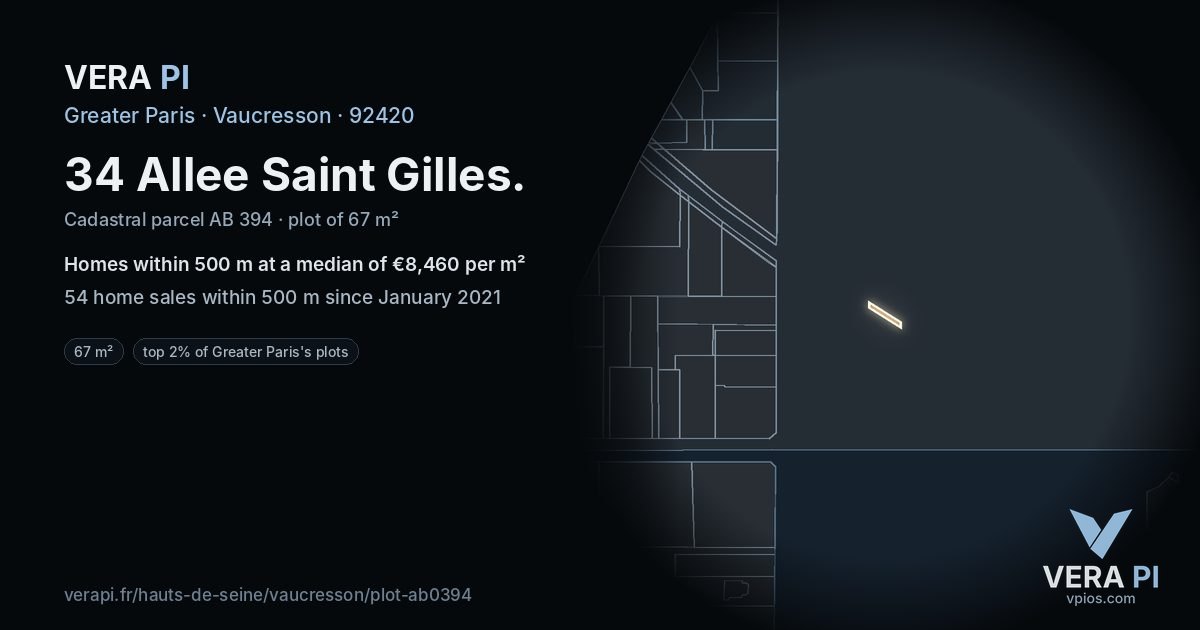 34 Allee Saint Gilles, Vaucresson at night – the plot lit, the parcels around coloured by the prices near them