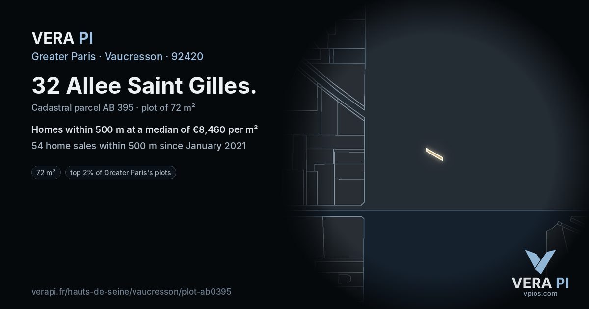 32 Allee Saint Gilles, Vaucresson at night – the plot lit, the parcels around coloured by the prices near them