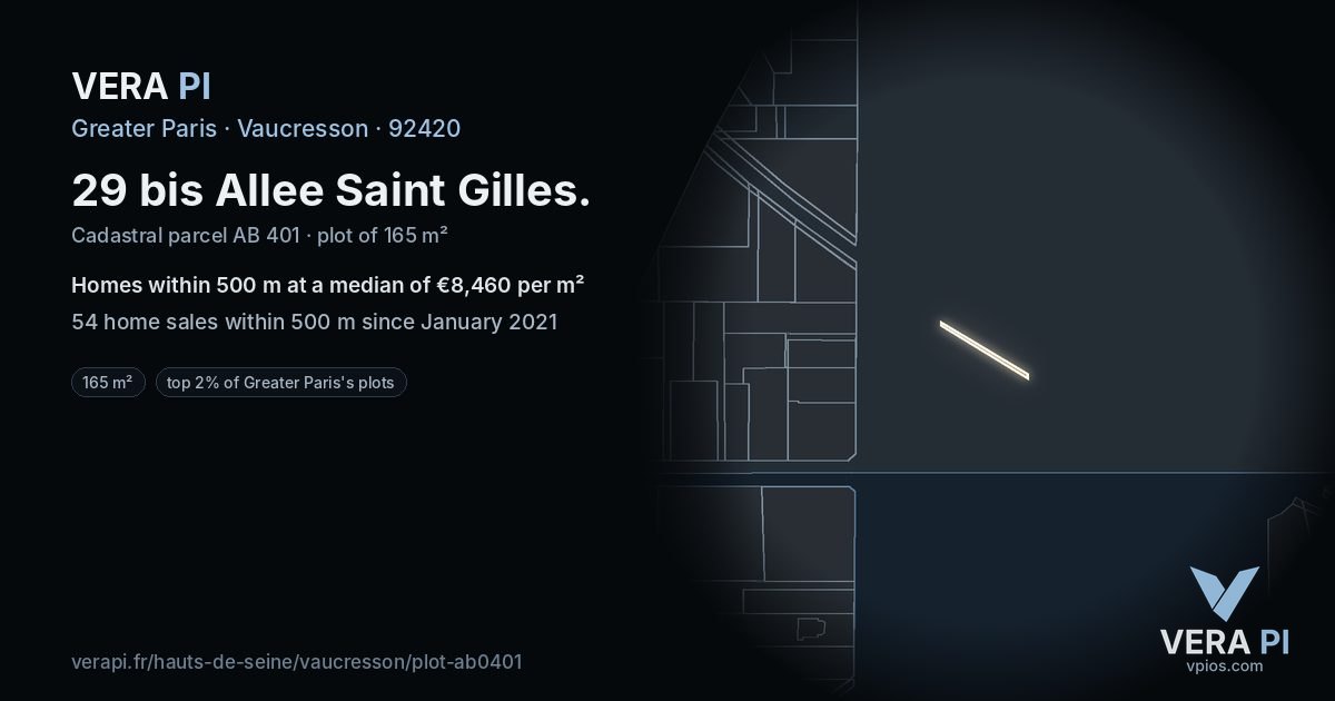 29 bis Allee Saint Gilles, Vaucresson at night – the plot lit, the parcels around coloured by the prices near them