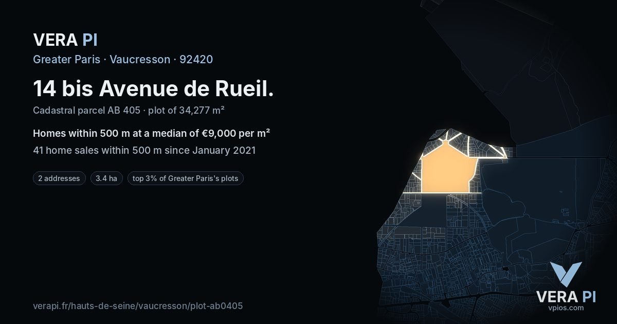 14 bis Avenue de Rueil, Vaucresson at night – the plot lit, the parcels around coloured by the prices near them