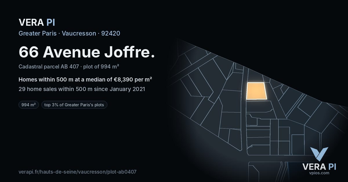 66 Avenue Joffre, Vaucresson at night – the plot lit, the parcels around coloured by the prices near them