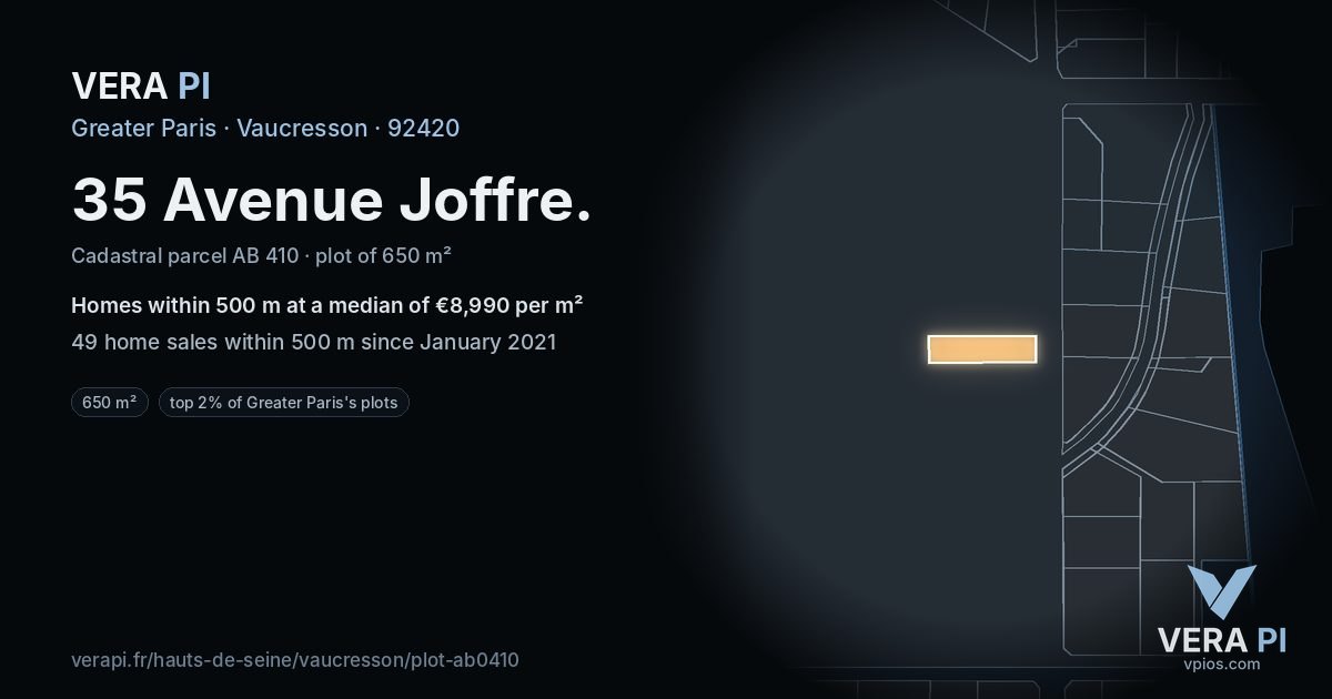 35 Avenue Joffre, Vaucresson at night – the plot lit, the parcels around coloured by the prices near them