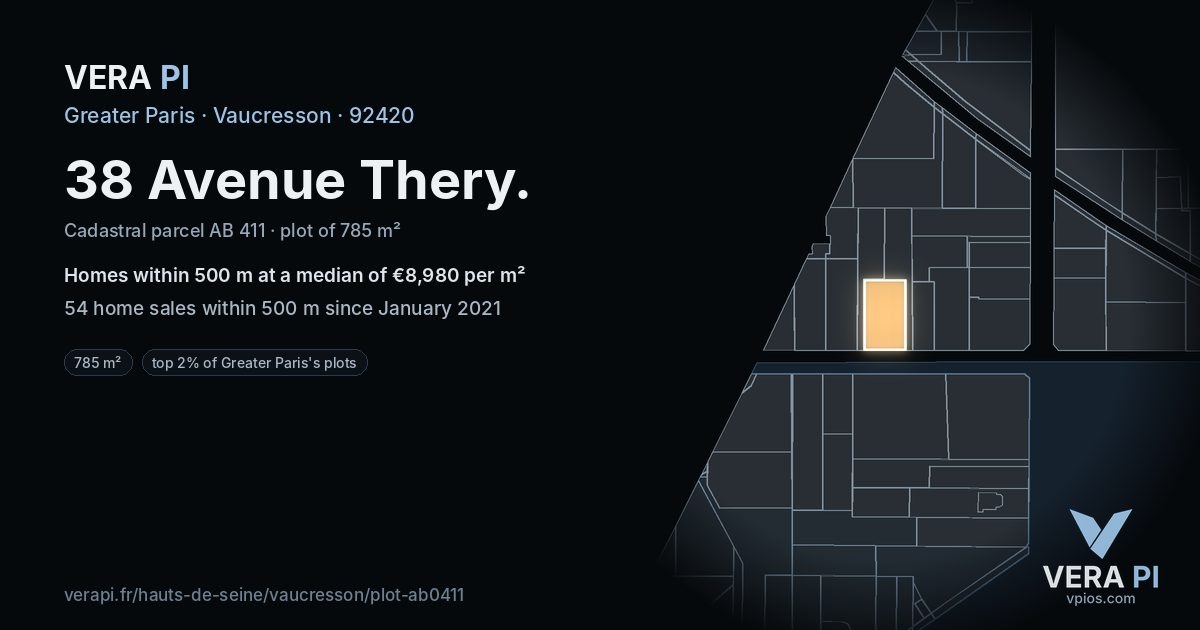 38 Avenue Thery, Vaucresson at night – the plot lit, the parcels around coloured by the prices near them