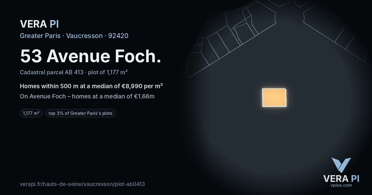 53 Avenue Foch, Vaucresson at night – the plot lit, the parcels around coloured by the prices near them